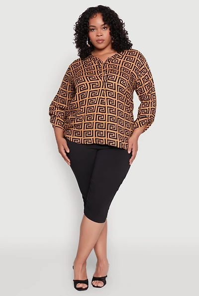 Womens Plus Size Greek Key Notch Neck Blouse, Brown, Size 2X
