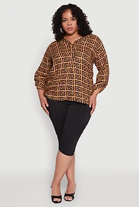 Womens Plus Size Greek Key Notch Neck Blouse, Brown, Size 3X