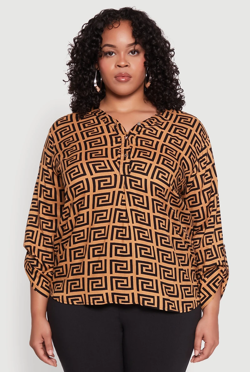 Womens Plus Size Greek Key Notch Neck Blouse, Brown, Size 3X