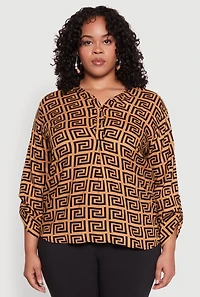 Womens Plus Size Greek Key Notch Neck Blouse, Brown, Size 3X