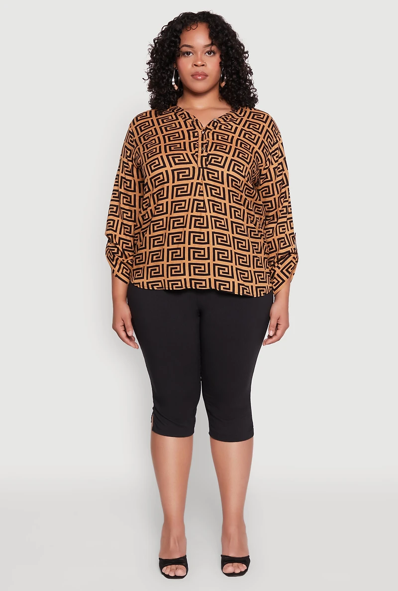 Womens Plus Size Greek Key Notch Neck Blouse, Brown, Size 3X