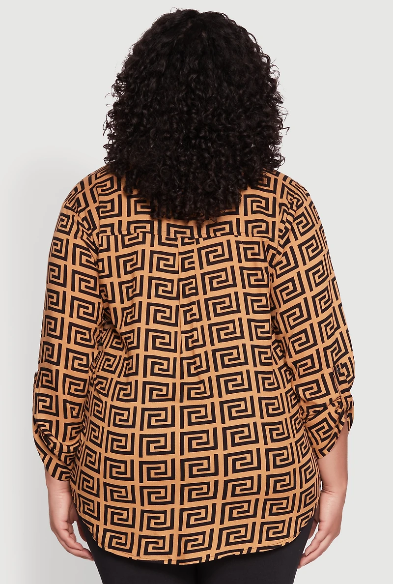 Womens Plus Greek Key Notch Neck Blouse,