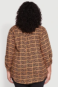 Womens Plus Greek Key Notch Neck Blouse,