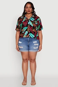 Womens Plus Tropical Leaf Print Shirt, Multi,