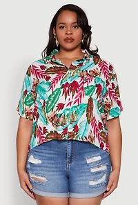 Womens Plus Size Tropical Leaf Print Shirt, Multi, Size 3X