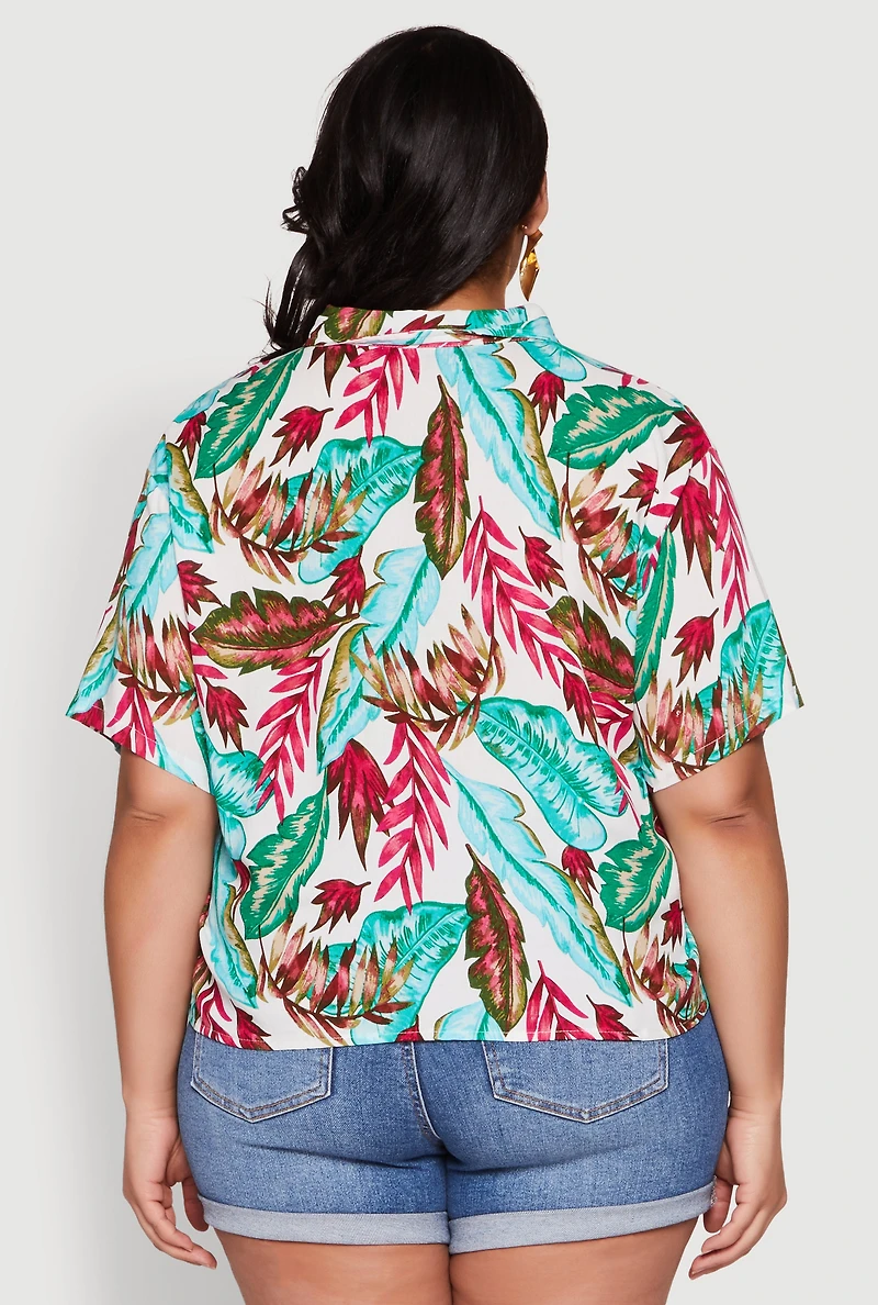 Womens Plus Tropical Leaf Print Shirt, Multi,
