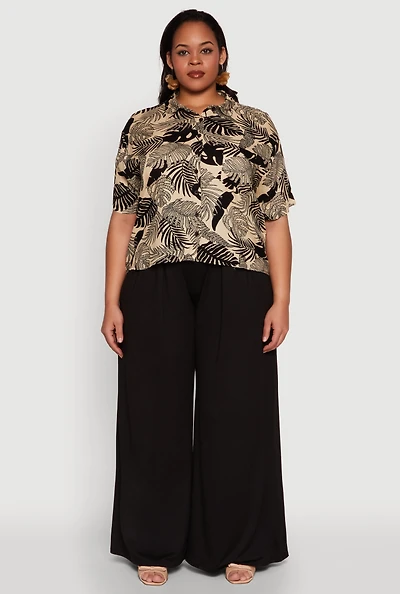 Womens Plus Tropical Leaf Print Button Front Shirt,