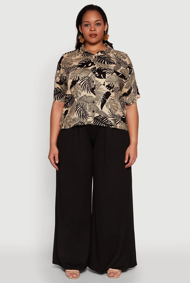 Womens Plus Tropical Leaf Print Button Front Shirt, Beige,