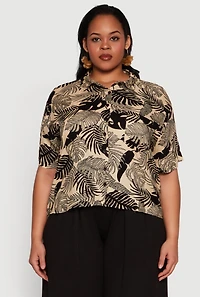 Womens Plus Tropical Leaf Print Button Front Shirt, Beige,