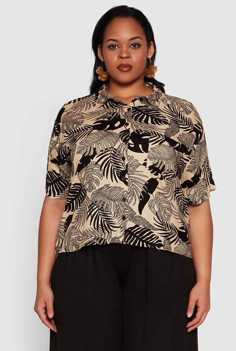 Womens Plus Size Tropical Leaf Print Button Front Shirt, Beige, Size 2X
