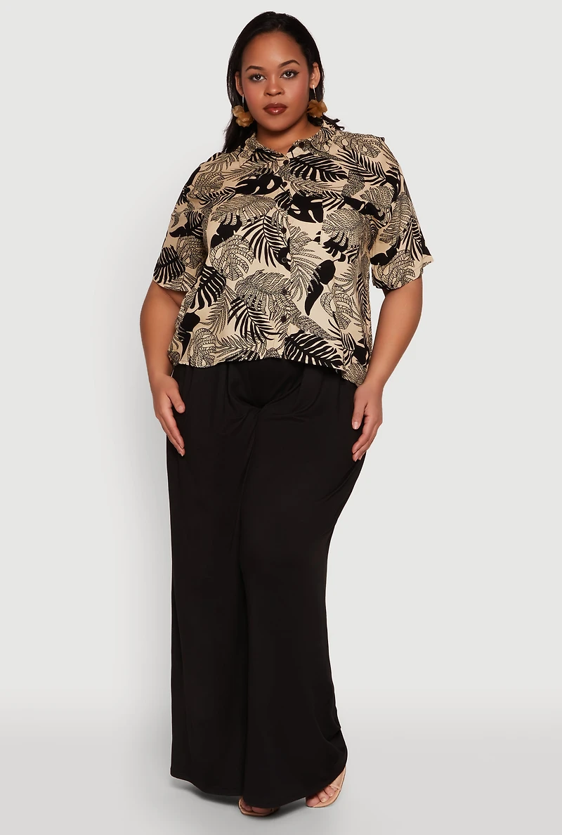 Womens Plus Tropical Leaf Print Button Front Shirt, Beige,