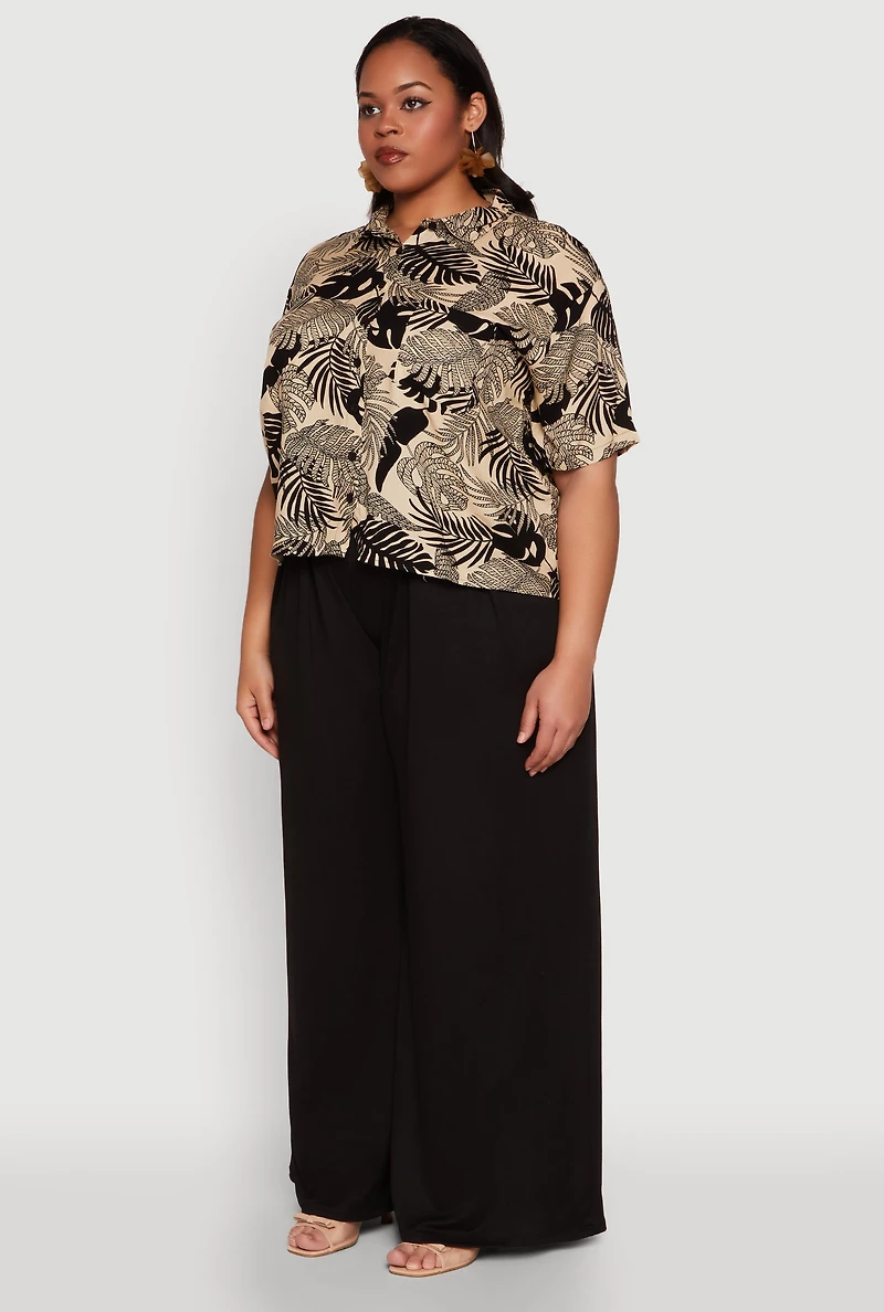 Womens Plus Tropical Leaf Print Button Front Shirt, Beige,