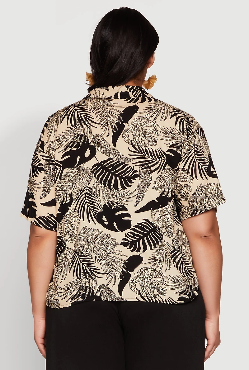 Womens Plus Tropical Leaf Print Button Front Shirt, Beige,