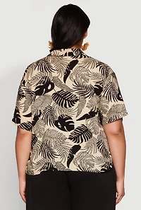 Womens Plus Tropical Leaf Print Button Front Shirt, Beige,