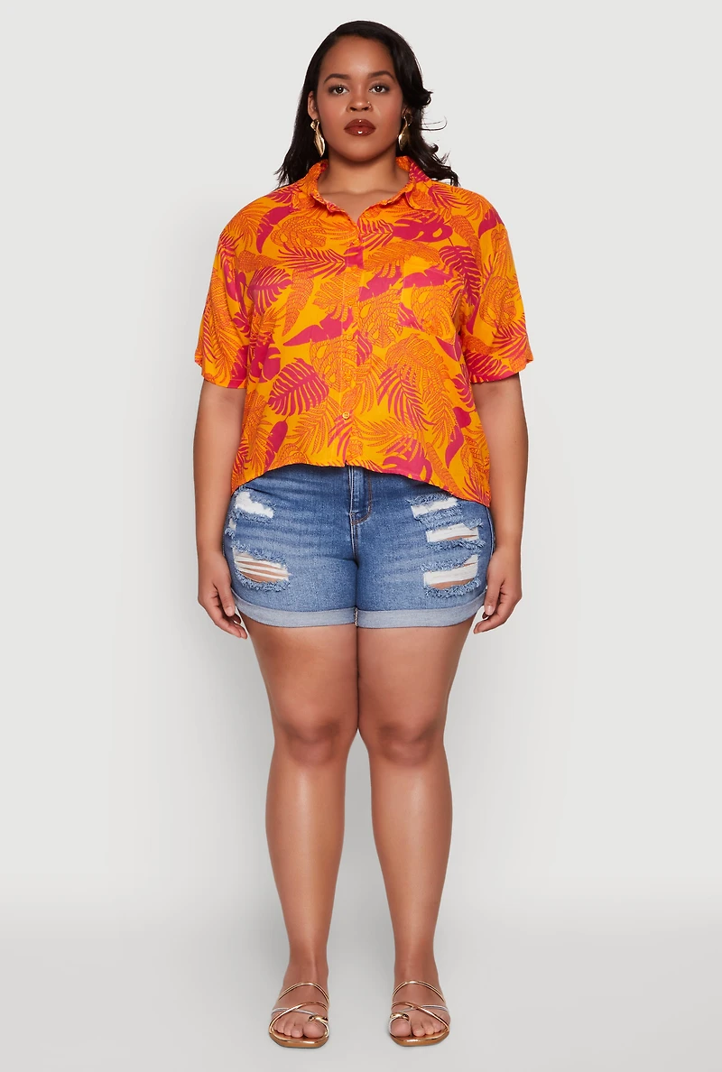 Womens Plus Size Tropical Leaf Print Button Front Shirt, Orange, Size 2X