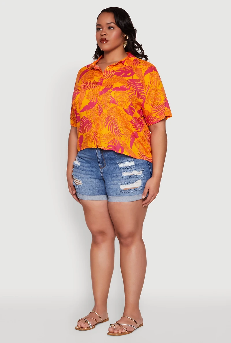 Womens Plus Size Tropical Leaf Print Button Front Shirt, Orange, Size 2X