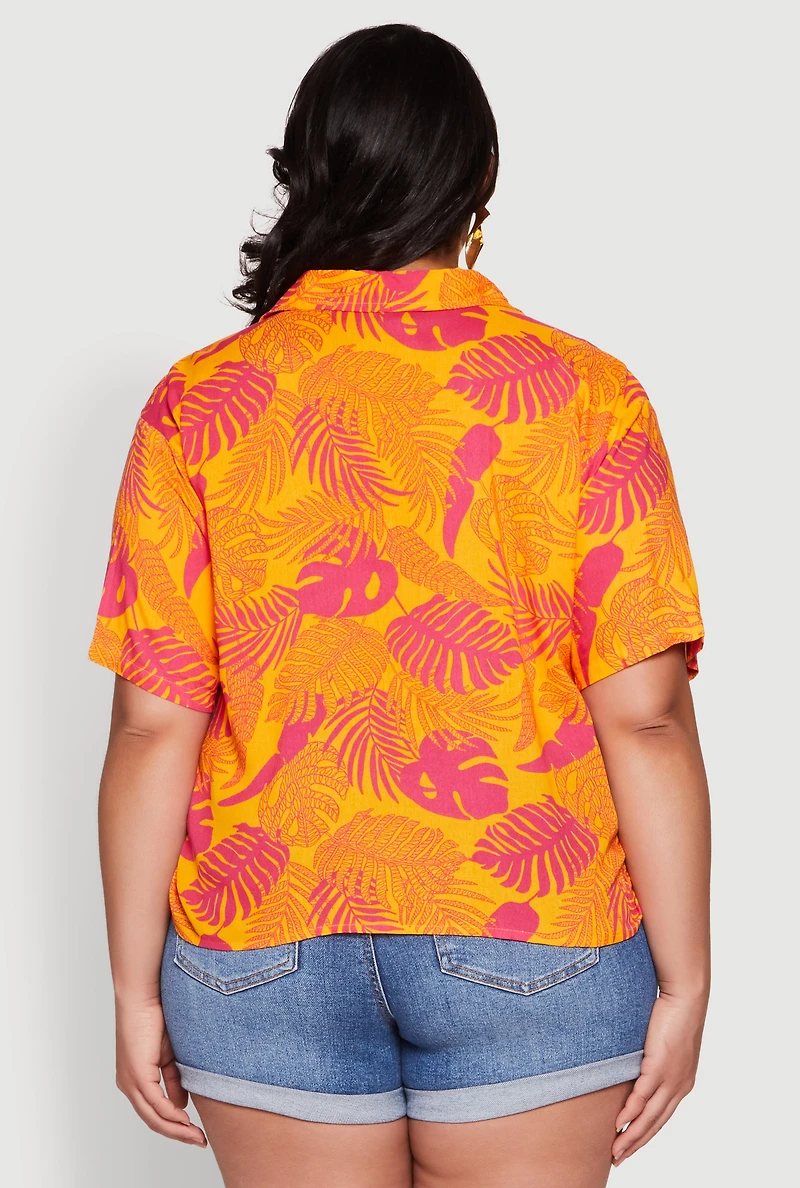 Womens Plus Size Tropical Leaf Print Button Front Shirt, Orange, Size 2X