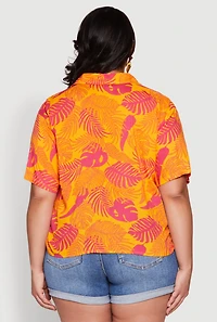 Womens Plus Size Tropical Leaf Print Button Front Shirt, Orange, Size 2X