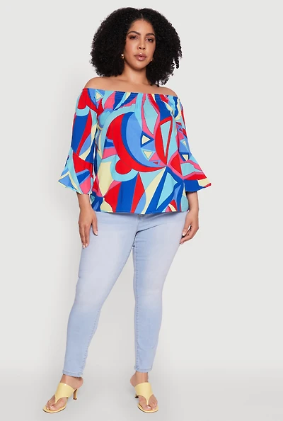 Womens Plus Size Printed Pattern Off The Shoulder Blouse, Multi, Size 2X