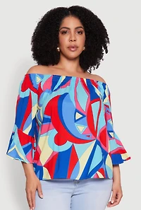 Womens Plus Size Printed Pattern Off The Shoulder Blouse, Multi, Size 1X