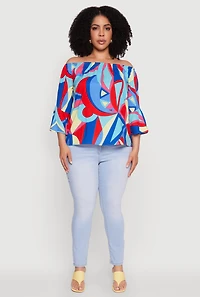 Womens Plus Size Printed Pattern Off The Shoulder Blouse, Multi, Size 2X