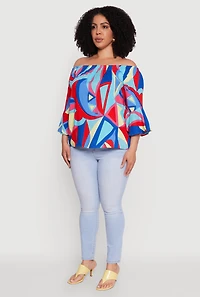 Womens Plus Size Printed Pattern Off The Shoulder Blouse, Multi, Size 1X