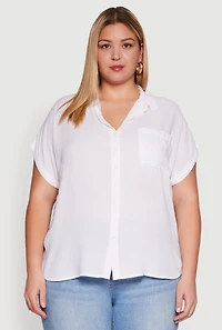 Womens Plus Button Front Shirt, White,