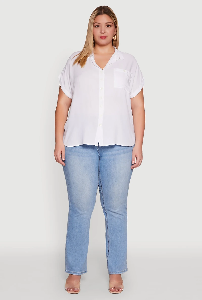 Womens Plus Button Front Shirt, White,