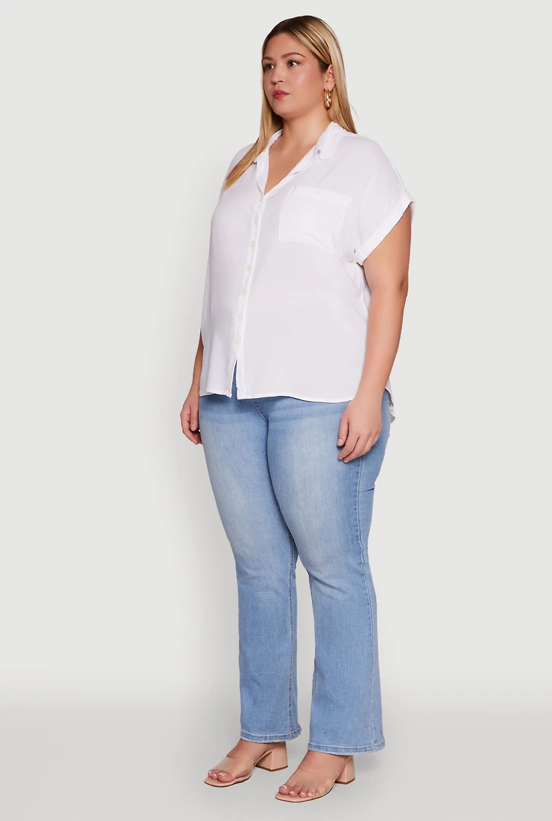 Womens Plus Button Front Shirt, White,