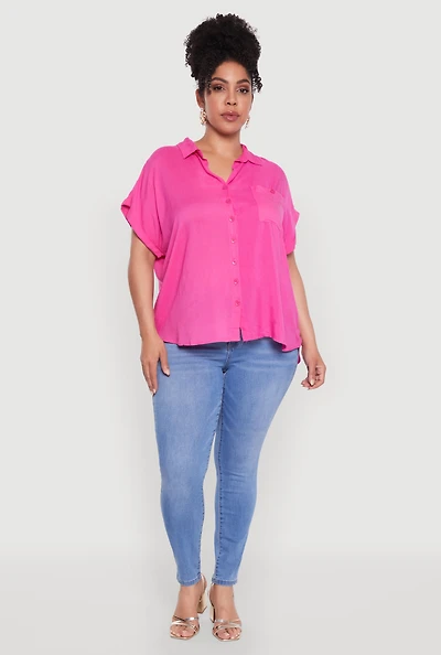 Womens Plus Size Button Front Shirt, Pink, Size 3X