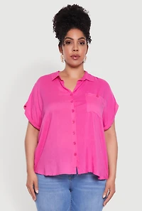 Womens Plus Size Button Front Shirt, Pink, Size 3X