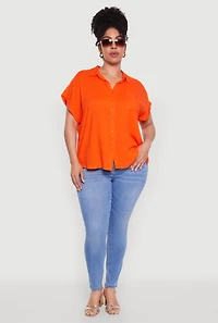 Womens Plus Size Button Front Shirt, Orange, Size 1X