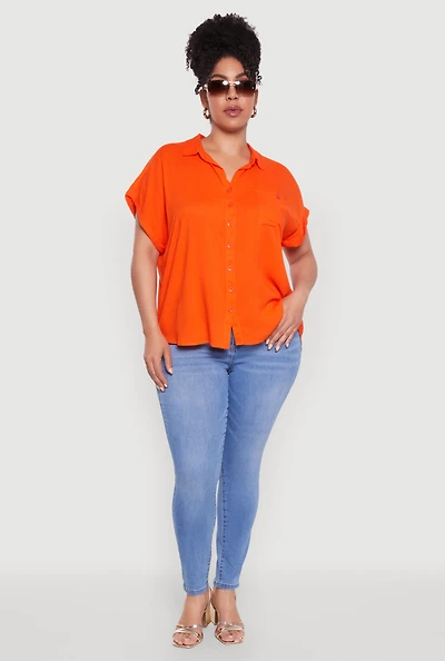 Womens Plus Size Button Front Shirt, Orange, Size 2X
