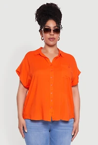 Womens Plus Size Button Front Shirt, Orange, Size 2X