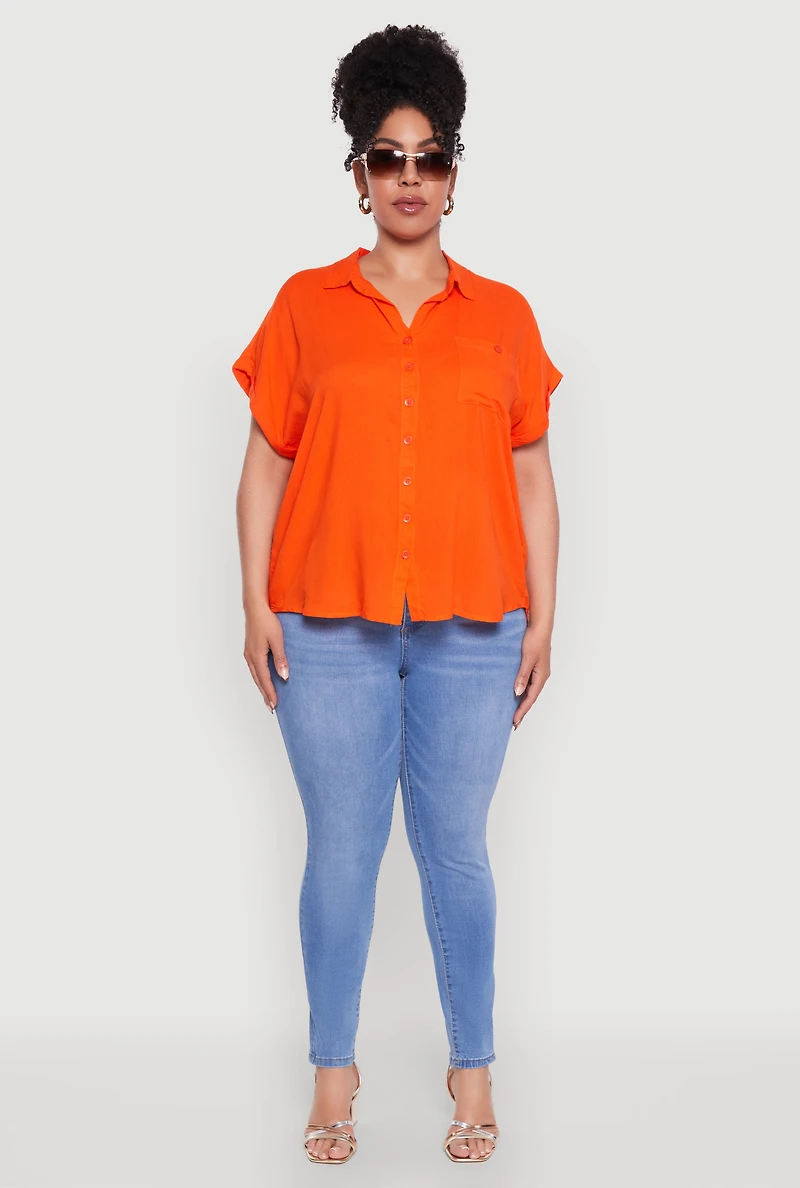 Womens Plus Size Button Front Shirt, Orange, Size 2X
