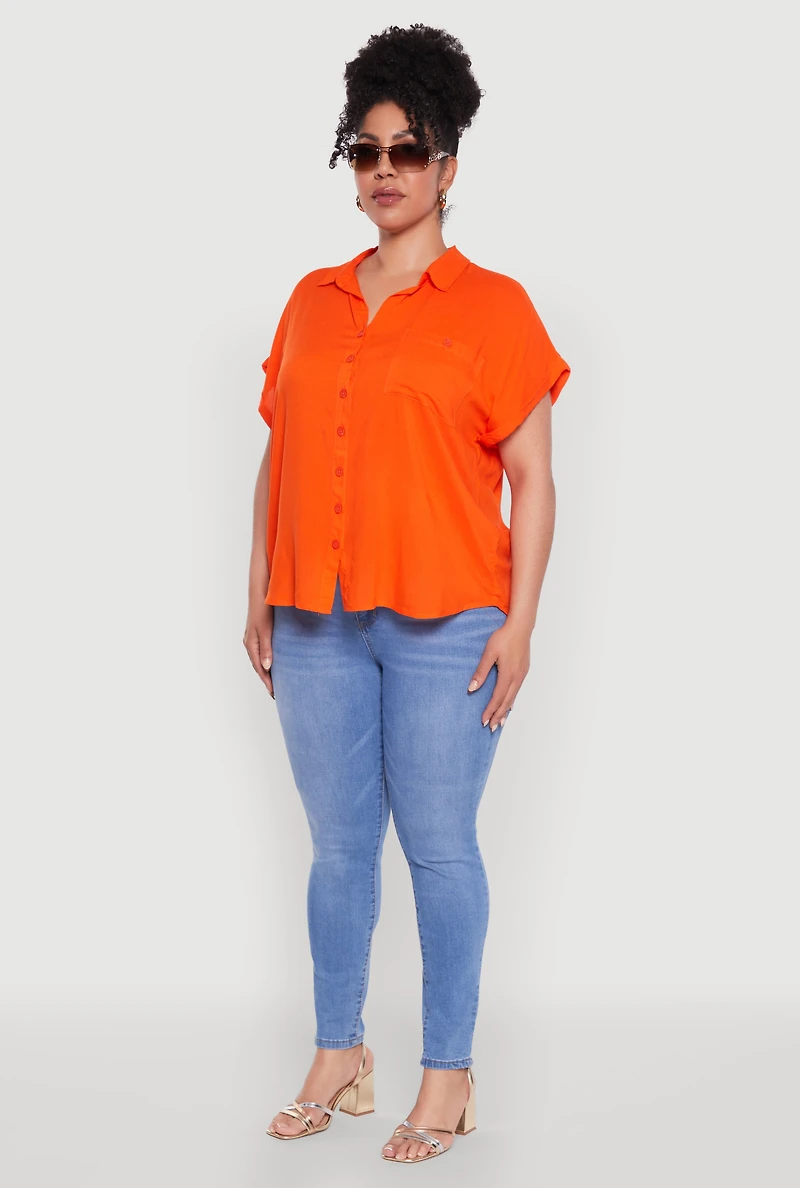 Womens Plus Size Button Front Shirt, Orange, Size 1X