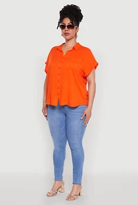 Womens Plus Size Button Front Shirt, Orange, Size 2X