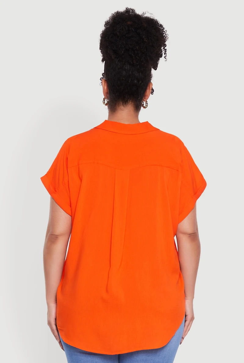 Womens Plus Size Button Front Shirt, Orange, Size 2X