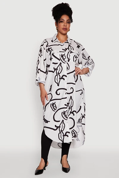 Womens Plus Size Chic Face Print Long Sleeve Maxi Shirt, Multi, Size 1X