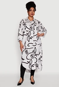 Womens Plus Size Chic Face Print Long Sleeve Maxi Shirt, Multi, Size 1X