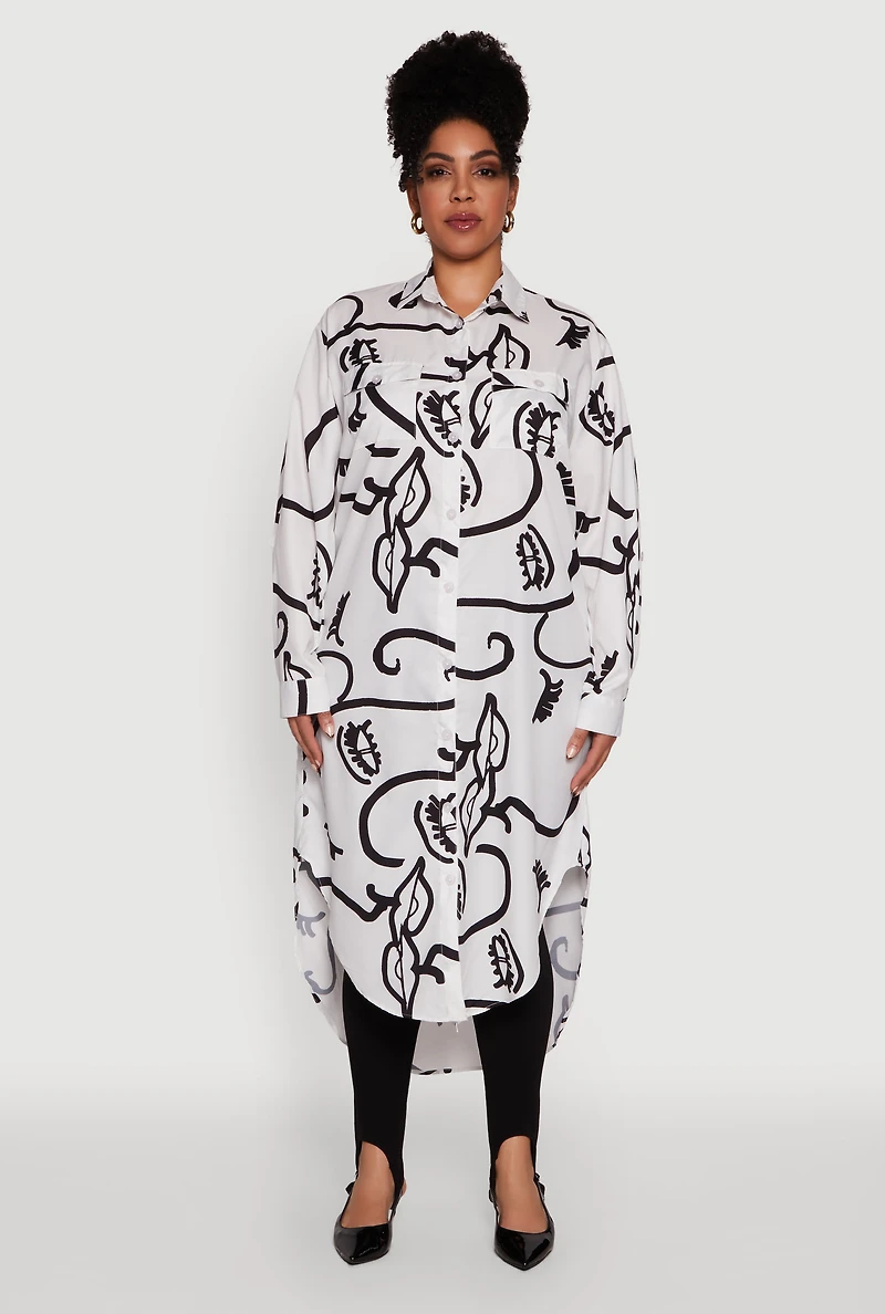 Womens Plus Size Chic Face Print Long Sleeve Maxi Shirt, Multi, Size 1X