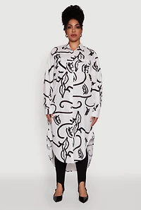Womens Plus Size Chic Face Print Long Sleeve Maxi Shirt, Multi, Size 1X