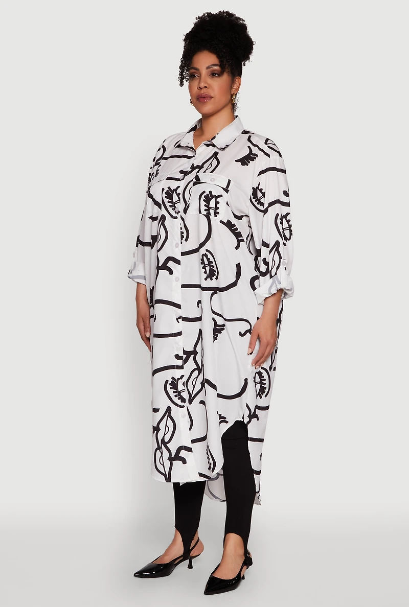 Womens Plus Size Chic Face Print Long Sleeve Maxi Shirt, Multi, Size 1X