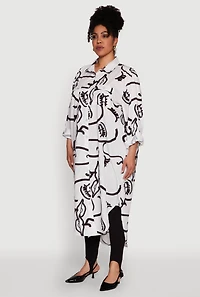 Womens Plus Size Chic Face Print Long Sleeve Maxi Shirt, Multi, Size 1X