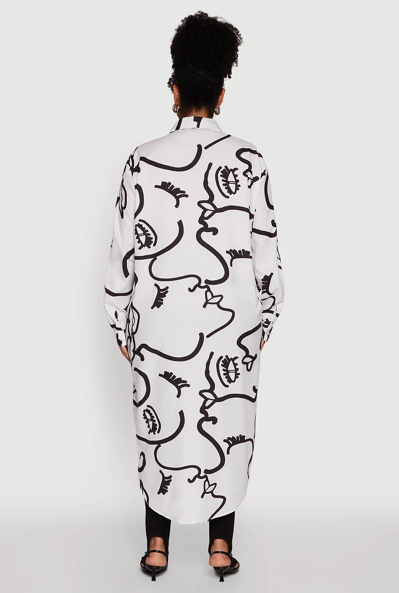 Womens Plus Size Chic Face Print Long Sleeve Maxi Shirt, Multi, Size 1X