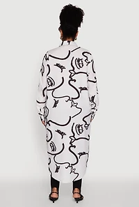 Womens Plus Size Chic Face Print Long Sleeve Maxi Shirt, Multi, Size 1X