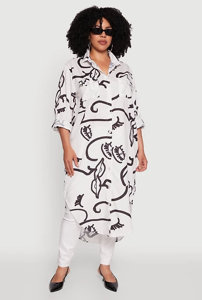Womens Plus Size Chic Face Print Long Sleeve Maxi Shirt, White, Size 3X