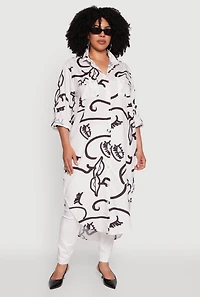 Womens Plus Chic Face Print Long Sleeve Maxi Shirt, White,