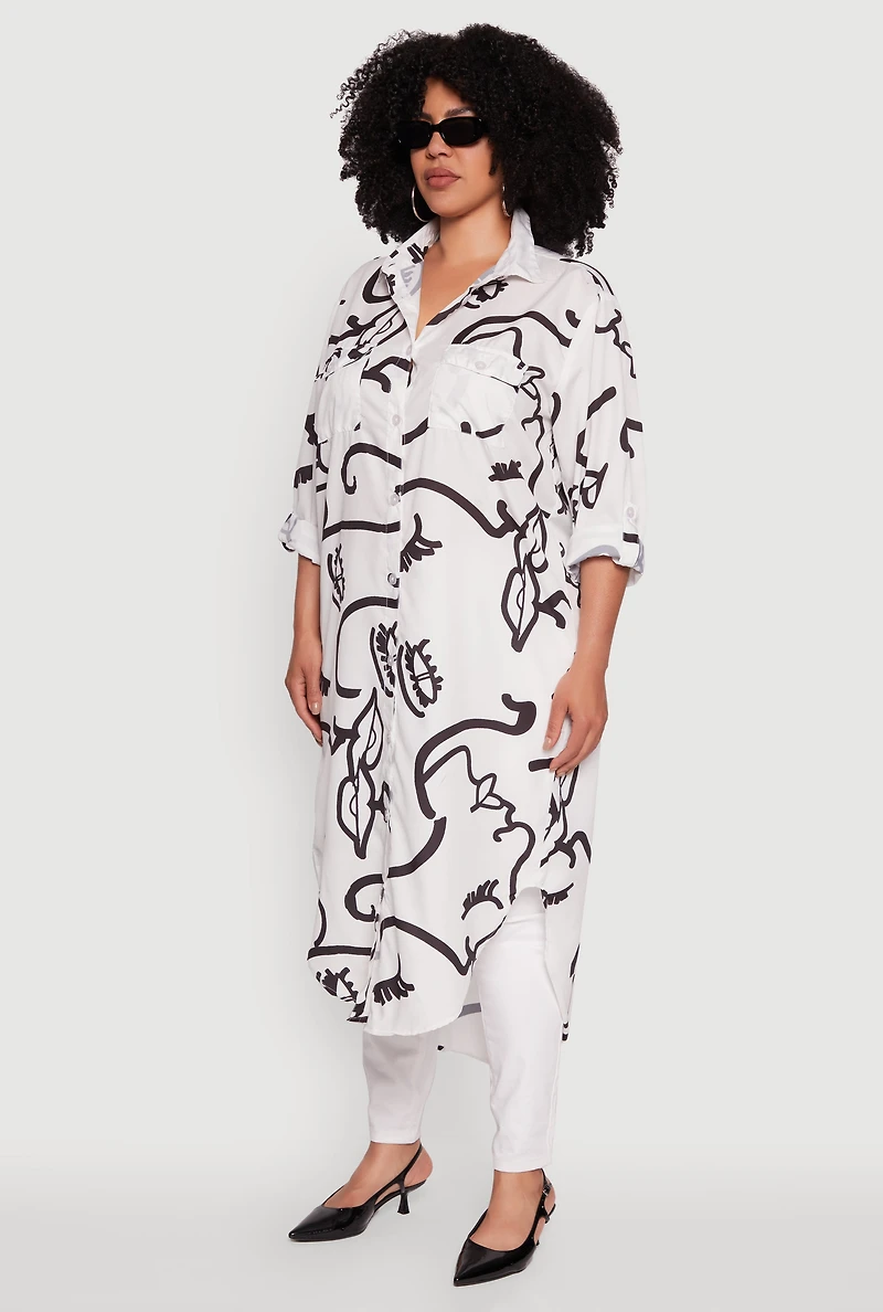 Womens Plus Chic Face Print Long Sleeve Maxi Shirt, White,