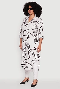 Womens Plus Chic Face Print Long Sleeve Maxi Shirt, White,